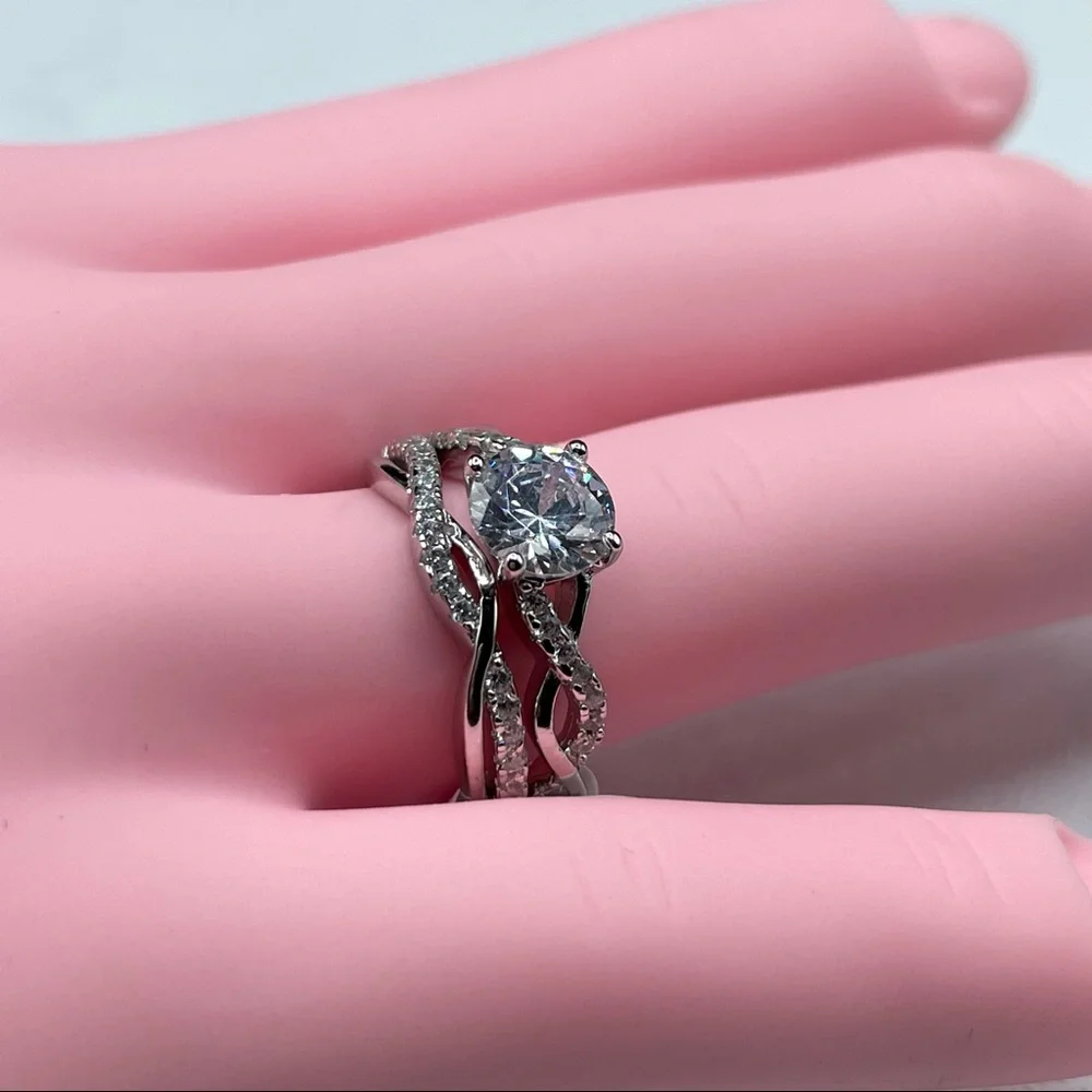 925 Sterling Silver Round Cut Diamond Elegant 2 Band Wedding Ring Set 5